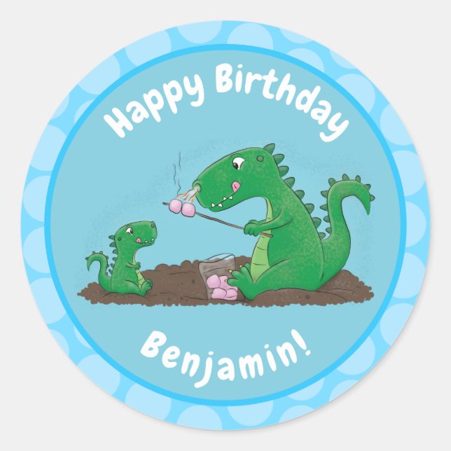 Pegatina Redonda dragones cortos asando malvaviscos personalizado (Anverso)