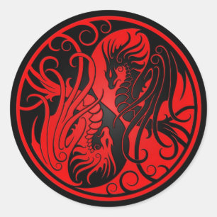 Pegatina Redonda Dragones rojos y negros de Yin que vuelan Yang