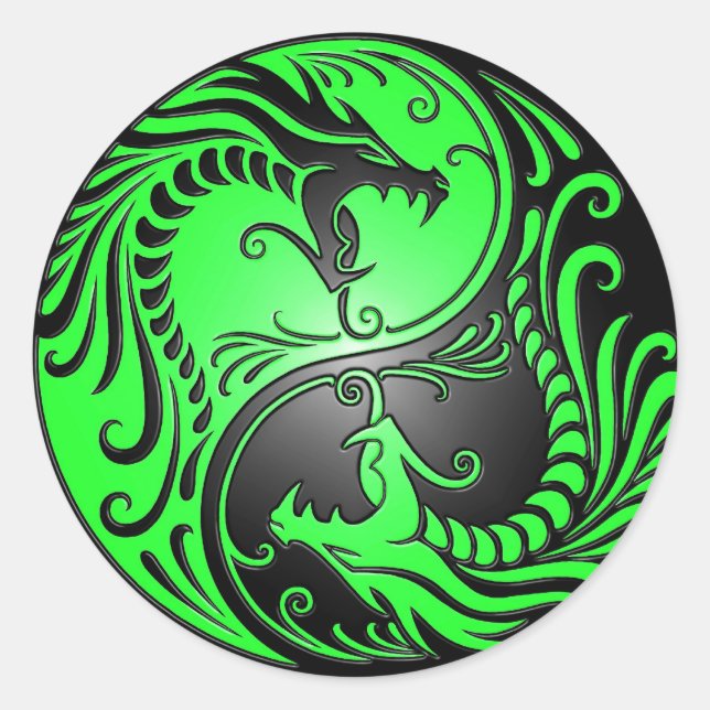 Pegatina Redonda Dragones, verde y negro de Yin Yang (Anverso)