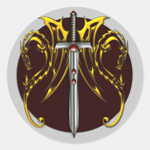 PEGATINA REDONDA DRAGONES Y ESPADA