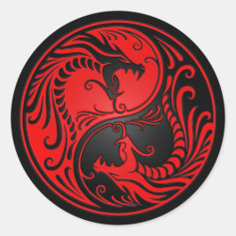 Pegatina Redonda Dragones Yang de Yin Rojo y Negro