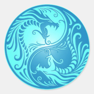 Pegatina Redonda Dragones Yin Yang, azul claro