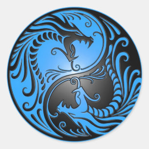 Pegatina Redonda Dragones Yin Yang, azul y negro