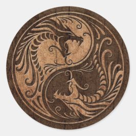 Pegatina Redonda Dragones Yin Yang con efecto de grano de madera