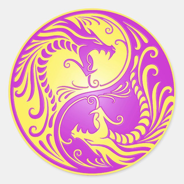 Pegatina Redonda Dragones Yin Yang, morado y amarillo (Anverso)