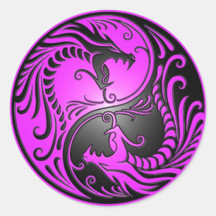 Pegatina Redonda Dragones Yin Yang, morado y negro