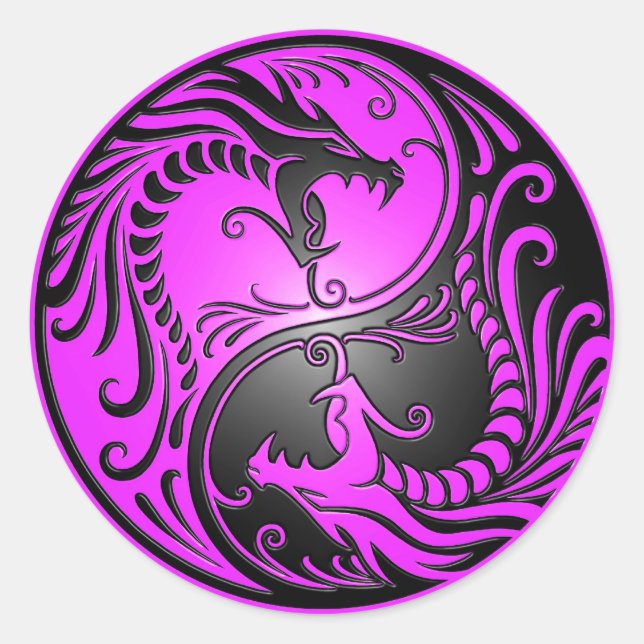 Pegatina Redonda Dragones Yin Yang, morado y negro (Anverso)