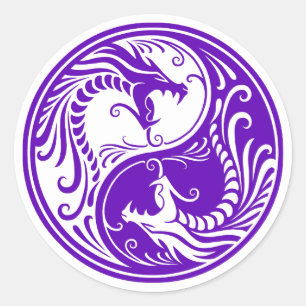 Pegatina Redonda Dragones Yin Yang púrpura personalizable