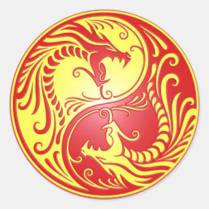 Pegatina Redonda Dragones Yin Yang, rojo y amarillo