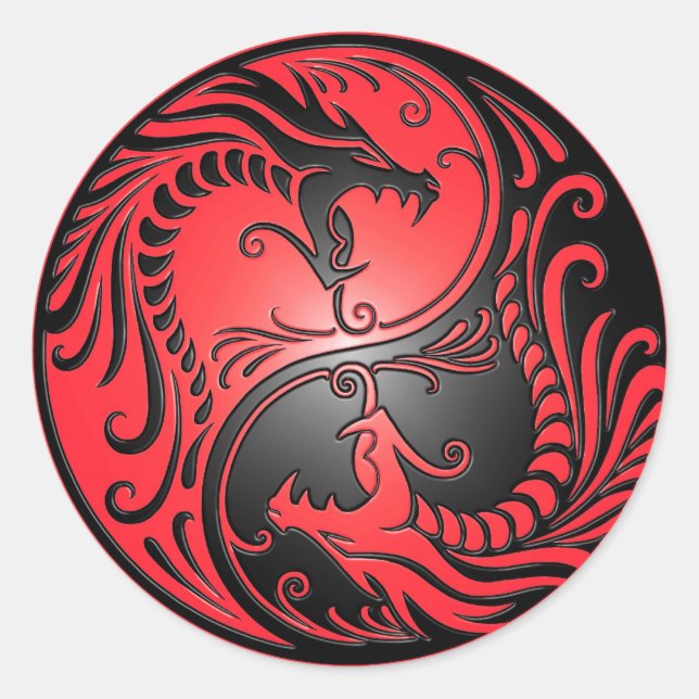 Pegatina Redonda Dragones Yin Yang, rojo y negro (Anverso)