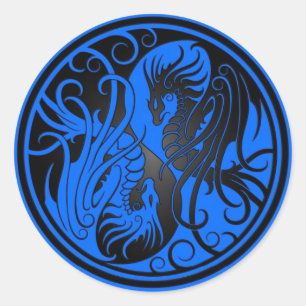 Pegatina Redonda Dragones Yin Yang voladores - azul y negro