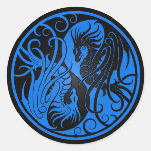 Pegatina Redonda Dragones Yin Yang voladores azules y negros