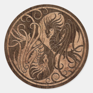 Pegatina Redonda Dragones Yin Yang volando con efecto de grano de m