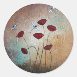 Pegatina Redonda Dragonflies and Poppies