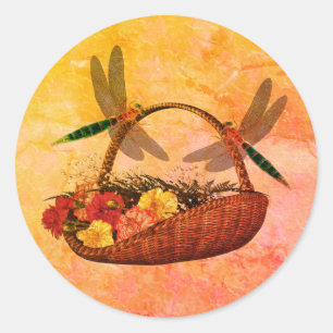 Pegatina Redonda Dragonflies On Flower Basket Nature Art
