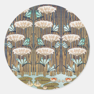 Pegatina Redonda Dragonflies Water Lilies Marsh Art Nouveau