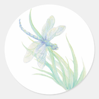 Pegatina Redonda Dragonfly de acuarela original en azul y verde