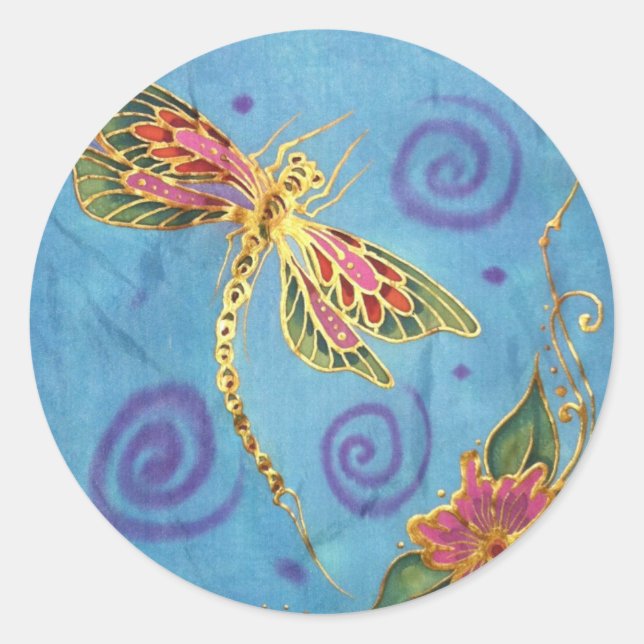 Pegatina Redonda Dragonfly de seda pintada a mano (Anverso)