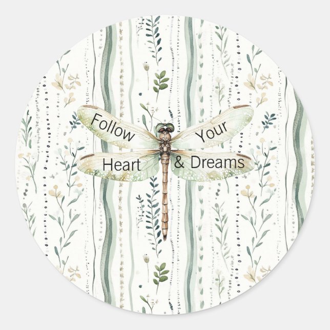 Pegatina Redonda Dragonfly Green White Chic Floral Inspirational  (Anverso)