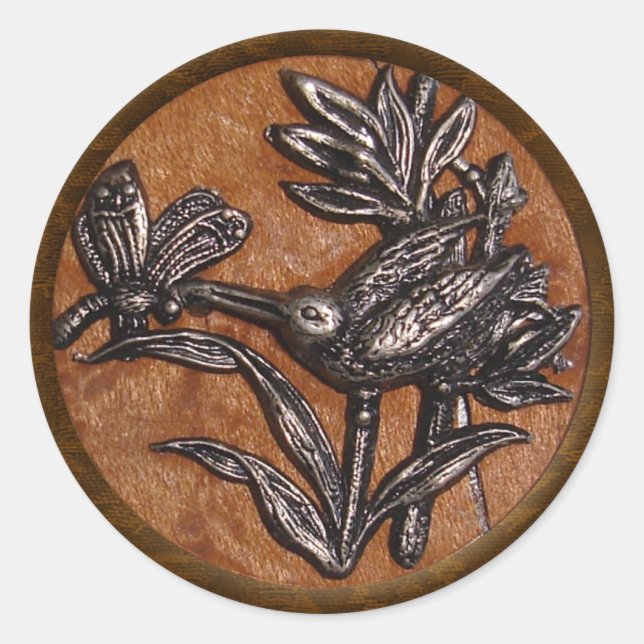 Pegatina Redonda Dragonfly & Humming Bird (Anverso)