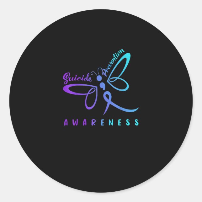 Pegatina Redonda Dragonfly Suicide Prevention Aware Teal Ribbon (Anverso)