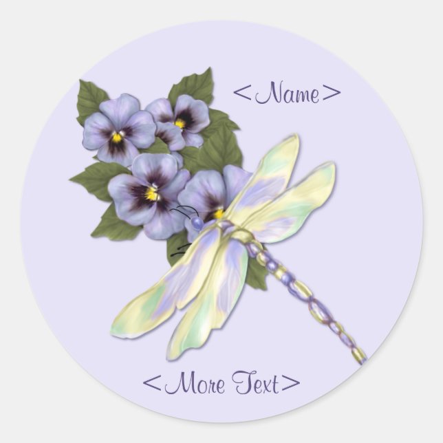 Pegatina Redonda Dragonfly y Pansies (Anverso)