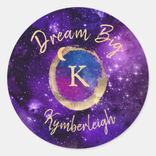 Pegatina Redonda Dream Big Space Galaxy Metallic Gold Monograma Nom