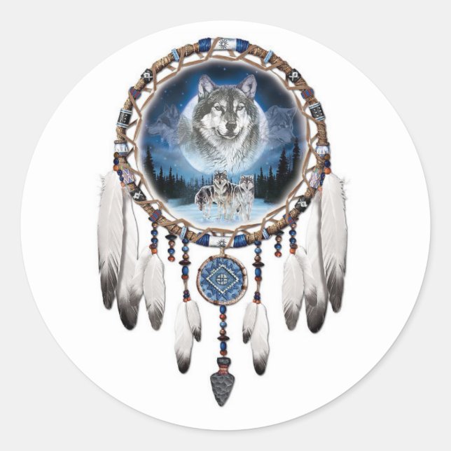 Pegatina Redonda Dream Catcher con antecedentes de lobo (Anverso)