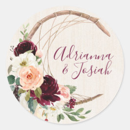 Pegatina Redonda Dream Catcher Moon Peach y Burgundy Boho Boda