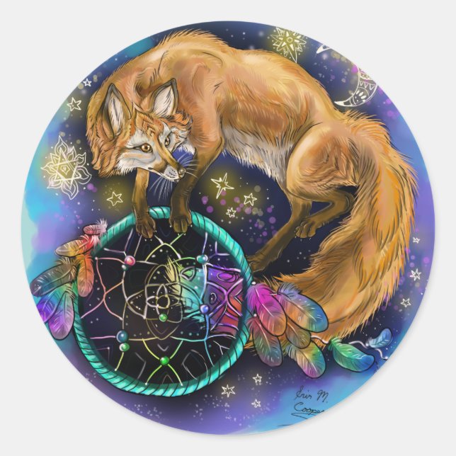 Pegatina Redonda DreamCatcher Fox (Anverso)