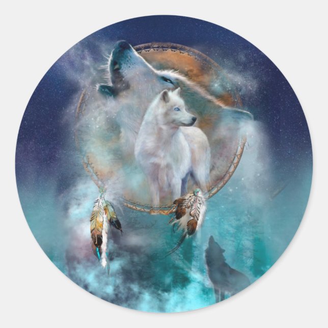 Pegatina Redonda Dreamcatcher indio y lobo de cabeza tribal étnico (Anverso)