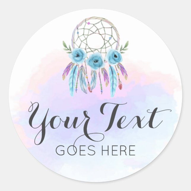 Pegatina Redonda Dreamcatcher Watercolor Feathers Rustic Boho Moda (Anverso)