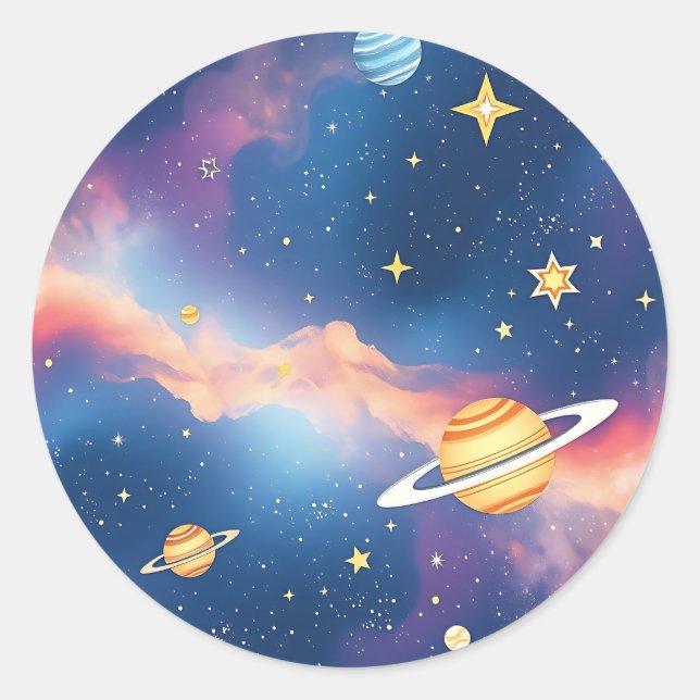 Pegatina Redonda Dreamy Galaxy Planets Stars Pattern (Anverso)