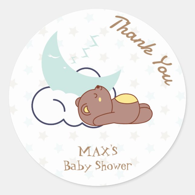 Pegatina Redonda Dreamy Little Bear Cloud Baby Shower Gracias (Anverso)