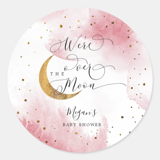 Pegatina Redonda Dreamy Pink Over The Moon Chica Baby Shower (Anverso)