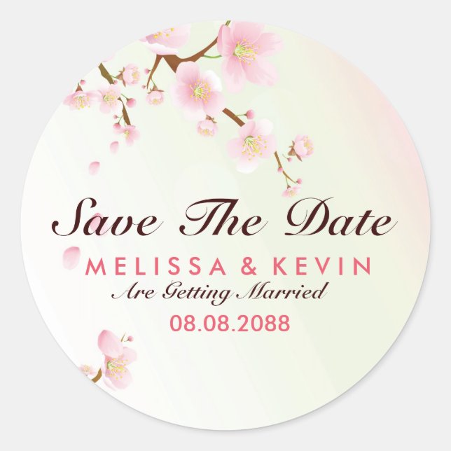Pegatina Redonda Dreamy Pink & White Cherry Blossom Save The Date (Anverso)