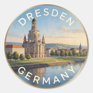 Pegatina Redonda Dresden Alemania Frauenkirche Escena del río