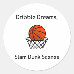 Pegatina Redonda Dribble Dreams, Escenas de Mate de Baloncesto