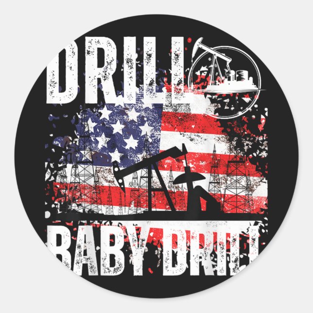 Pegatina Redonda Drill Baby Drill Oilfield American Flag Oil Drilli (Anverso)
