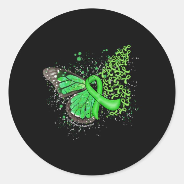 Pegatina Redonda Drin Mariposa Cinta Verde Enfermedad del riñón Awa (Anverso)
