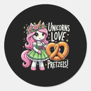 Pegatina Redonda Drindl Alemán Unicorn Ama a Pretzels niños gracios