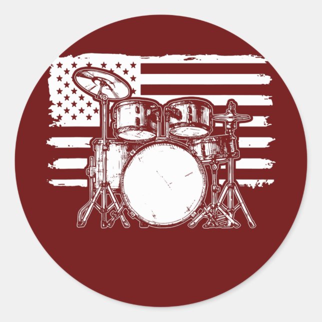 Pegatina Redonda Drum Set American Flag Drummer Patriotic Drum (Anverso)