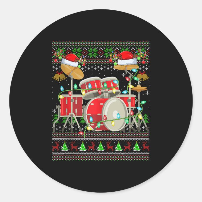 Pegatina Redonda Drum Ugly Christmas Sweater Musical Drum Player Dr (Anverso)