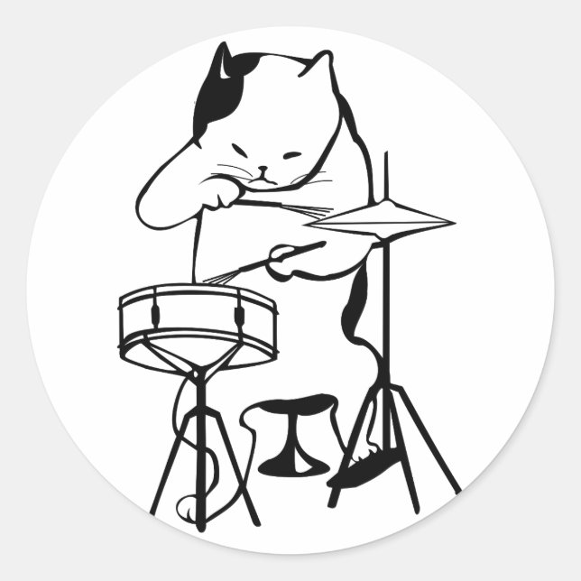 Pegatina Redonda Drummer Cat tambores músico rock jazz gracioso (Anverso)