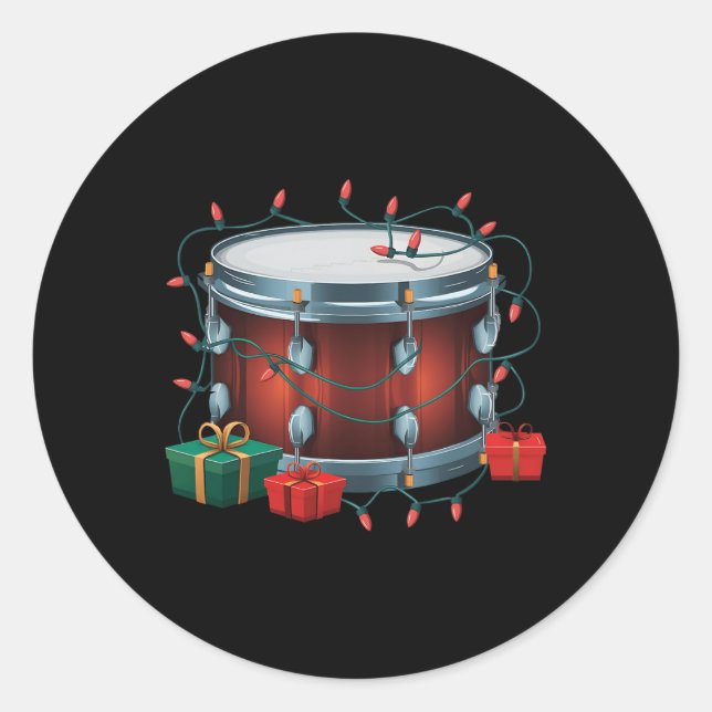 Pegatina Redonda Drummer Drum Xmas iluminando Santa Musical Drum Ch (Anverso)