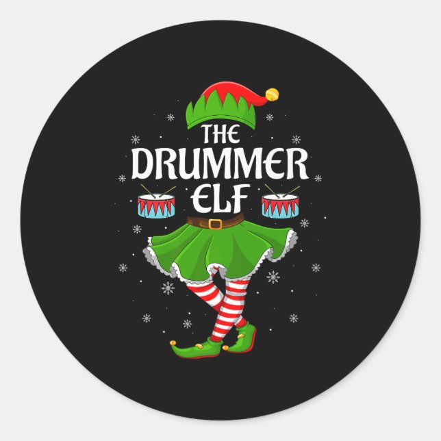 Pegatina Redonda Drummer Elf Christmas Family Girls Women Elf Squad (Anverso)