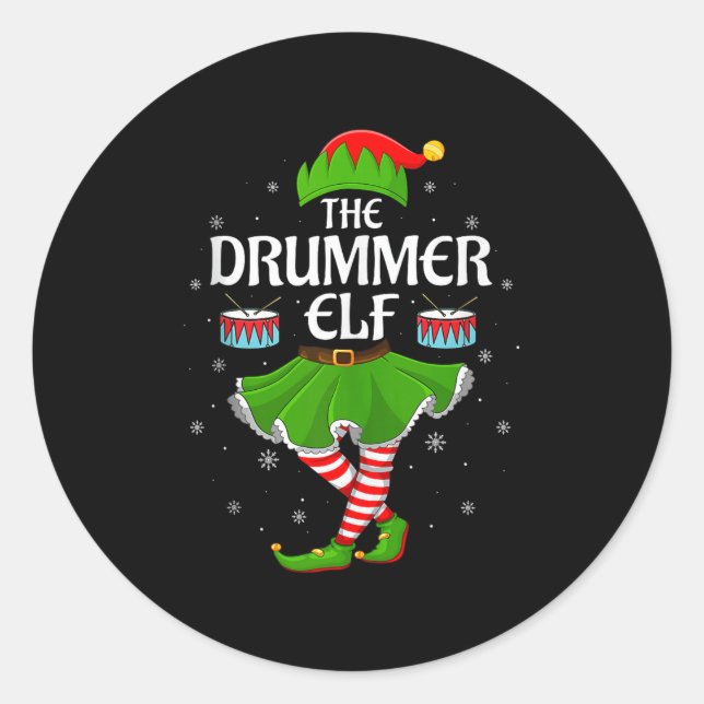 Pegatina Redonda Drummer Elf Christmas Family Girls Women Elf Squad (Anverso)