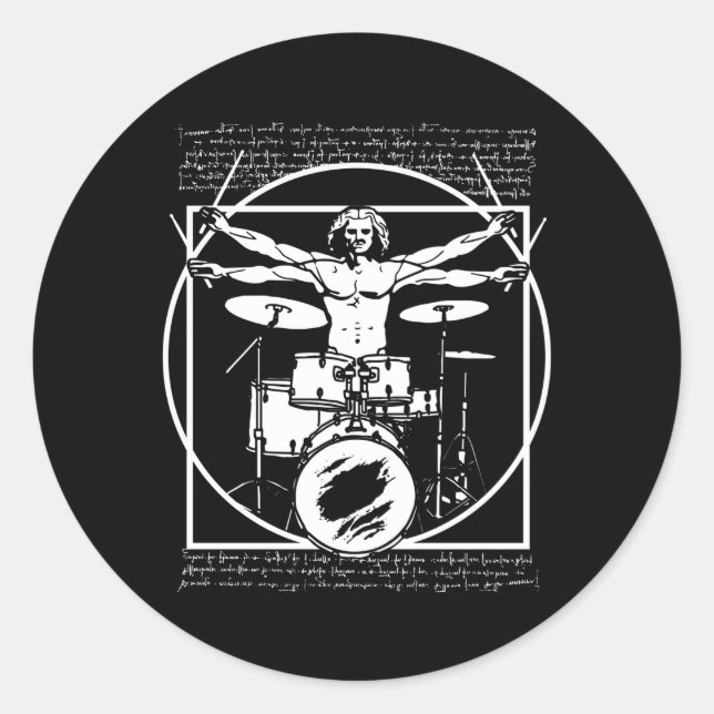 Pegatina Redonda Drums Drum Player Da Vinci Drummer Vitruvian (Anverso)