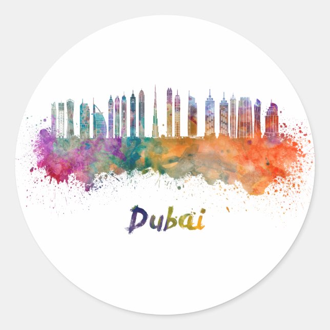 Pegatina Redonda Dubai V2 skyline in watercolor (Anverso)