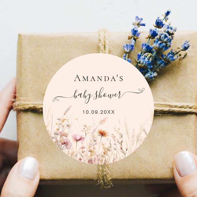 Pegatina Redonda Ducha beige rosa de melocotón con flores silvestre (Subido por el creador)